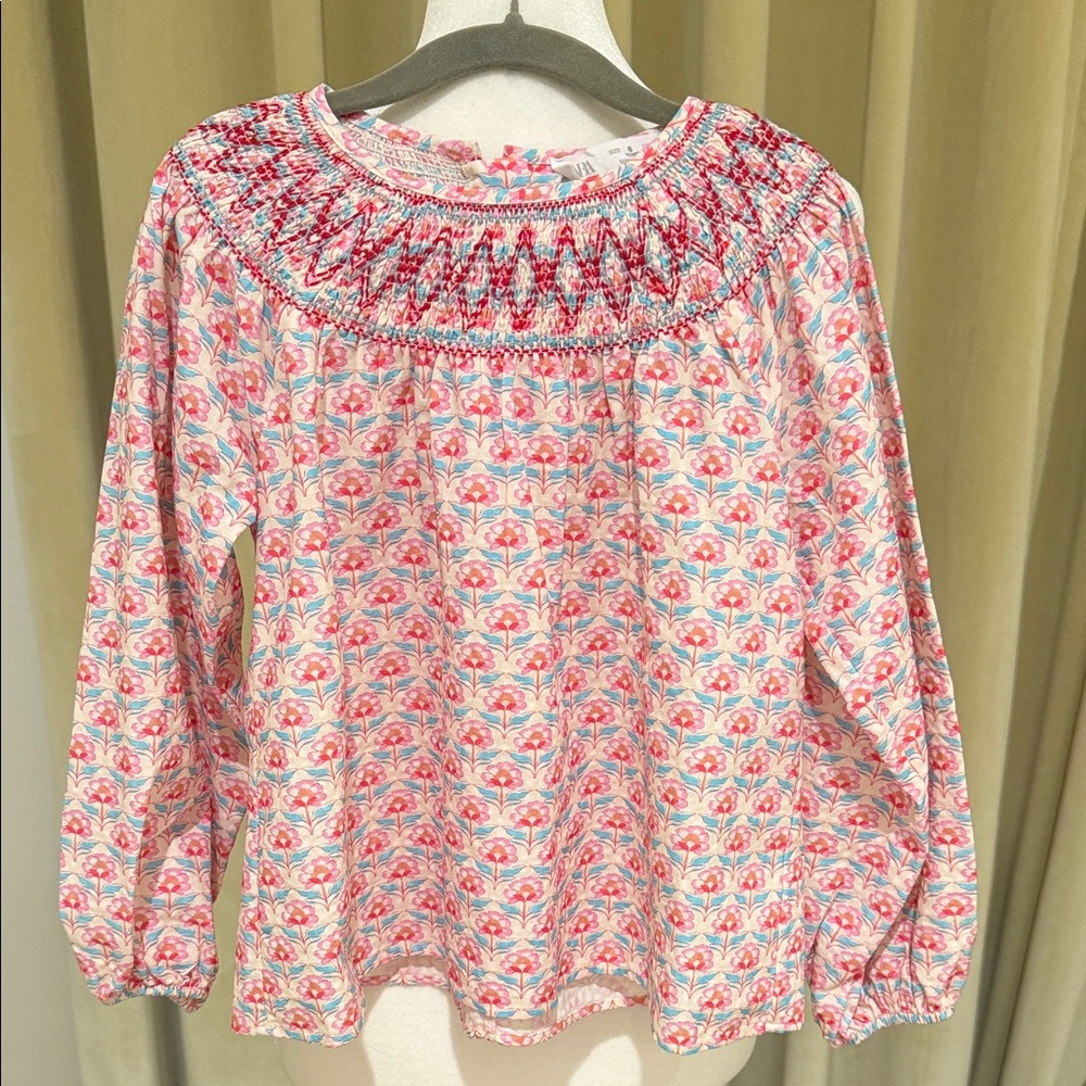 Zara - Girls Long Sleeve Pink Floral Blouse w/Smocked Collar - Size: 6Y